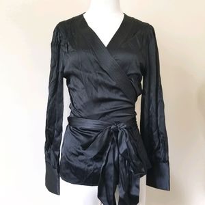 DVF Black Silk Satin Wrap Front Top with Belt
